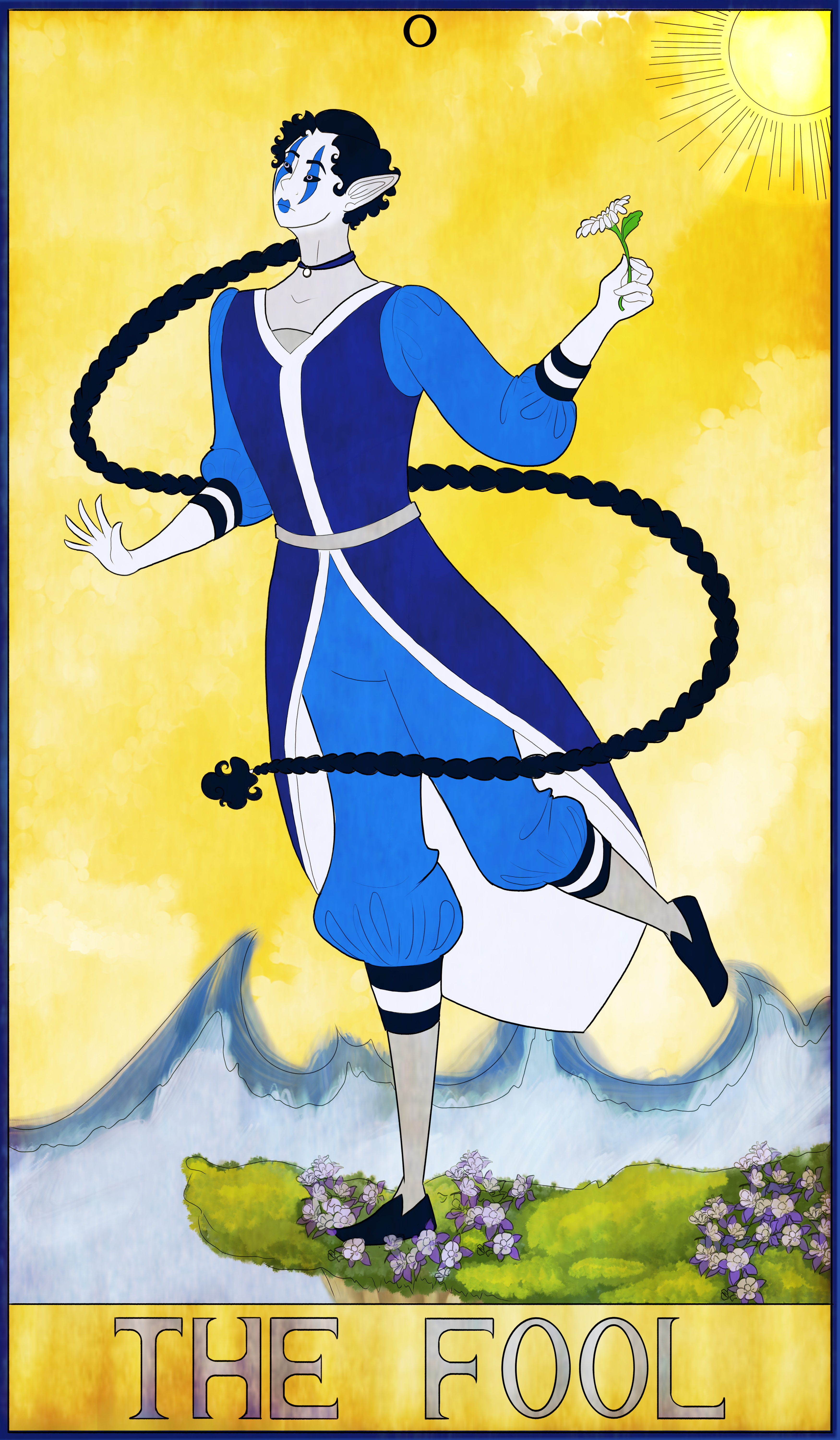 A digital drawing of Kestrenel Drentan. She is a pale silver elf with curly black hair in a very long braid. She wears jester-like makeup and clothes. She is drawn as The Fool card from a tarot deck. There are columbine flowers at her feet and a daisy in her hand.